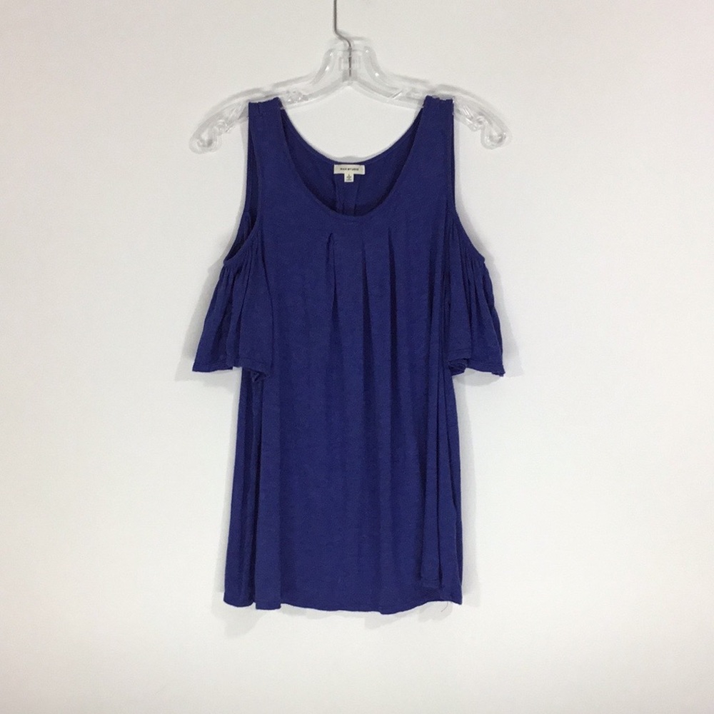 2/$25! GUC Max Studio Women's Large Super Stretchy Dark Blue Open Shoulder Top - Picture 3 of 7